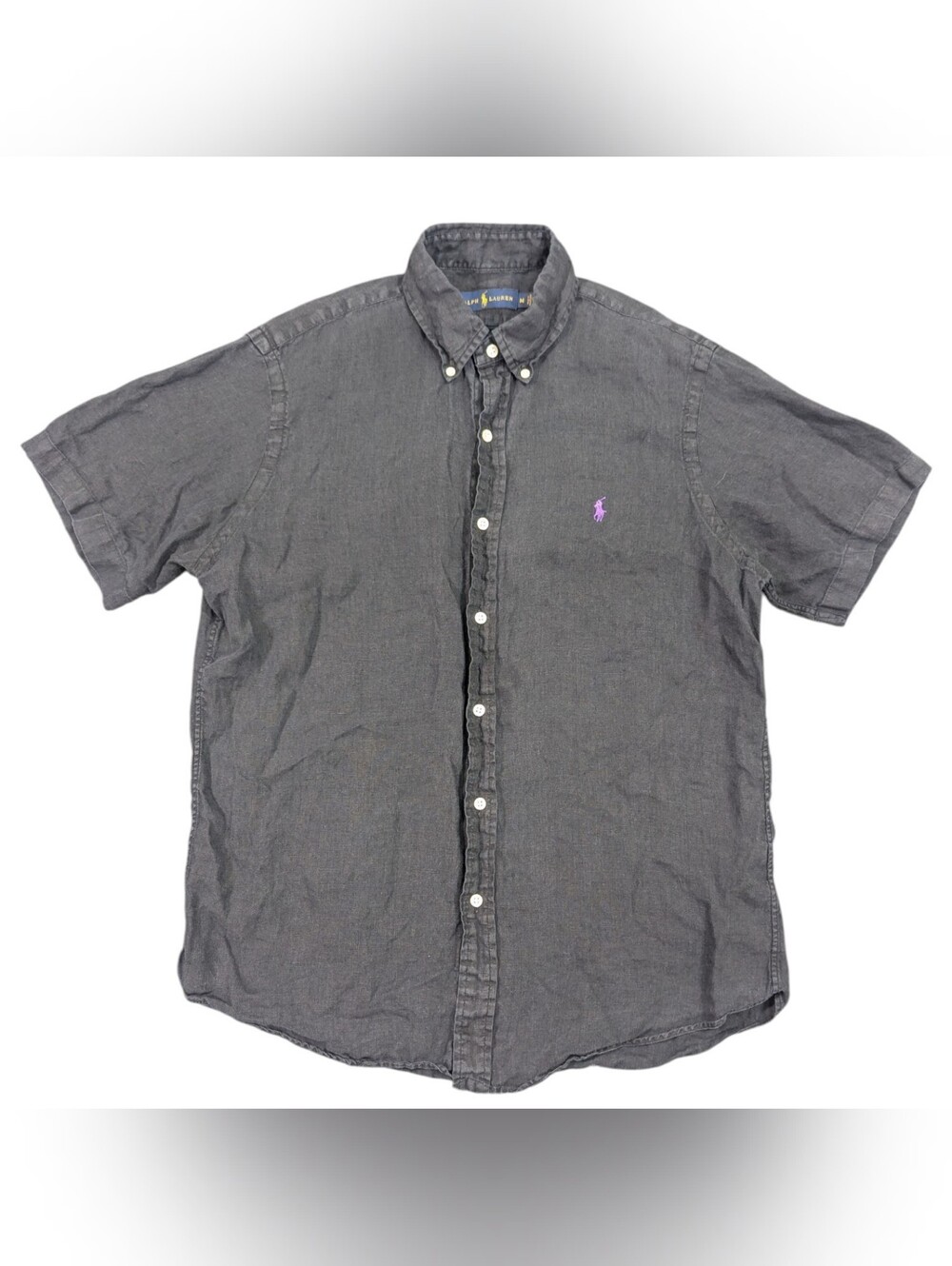 Ralph Lauren Black Linen Short Sleeve Button-up Shirt Size Medium Preppy Office